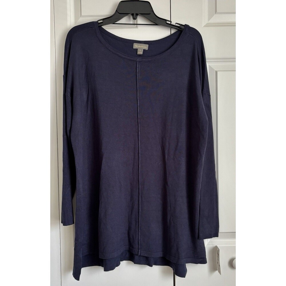STYLE & CO WOMEN'S 0X LONG SLEEVE BOAT NECK TUNIC SWEATER NAVY BLUE PULLON KNIT